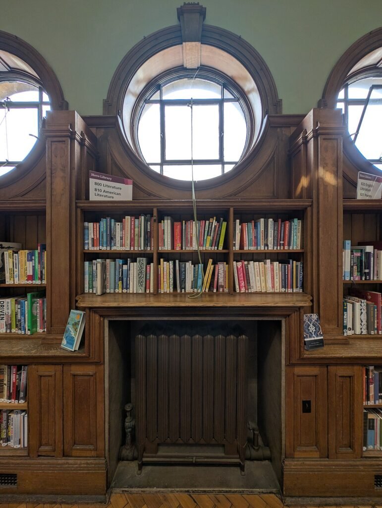 Rows of old books on library shelves, from a magical short story about reading for kids
