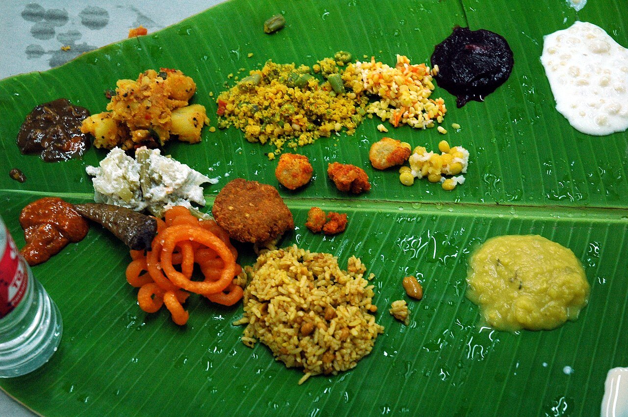 Traditional South Indian meal served on a banana leaf, a reminder of teaching gratitude to kids at mealtimes