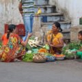 Busy Indian vegetable market stall, the setting for a moral story about honesty for kids