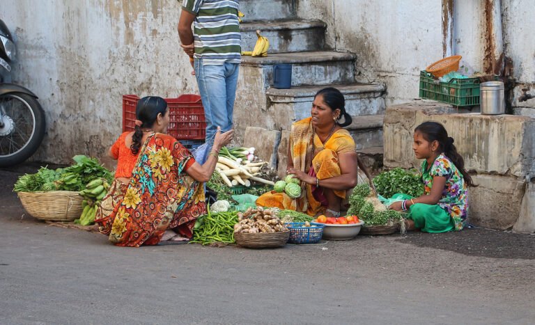 Busy Indian vegetable market stall, the setting for a moral story about honesty for kids
