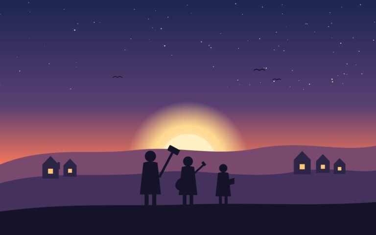 Three brothers – a blacksmith with a hammer, a musician with a lute and a storyteller with a book – standing on a hill above their village at sunset