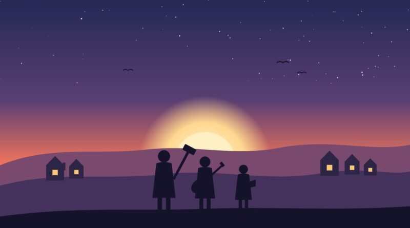Three brothers – a blacksmith with a hammer, a musician with a lute and a storyteller with a book – standing on a hill above their village at sunset